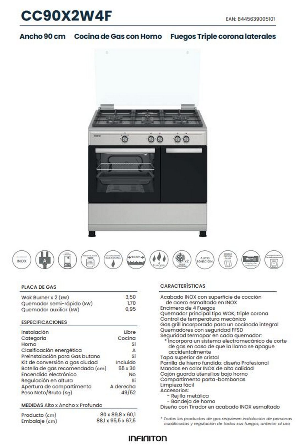Una cocina de gas con horno, detalles y especificaciones.