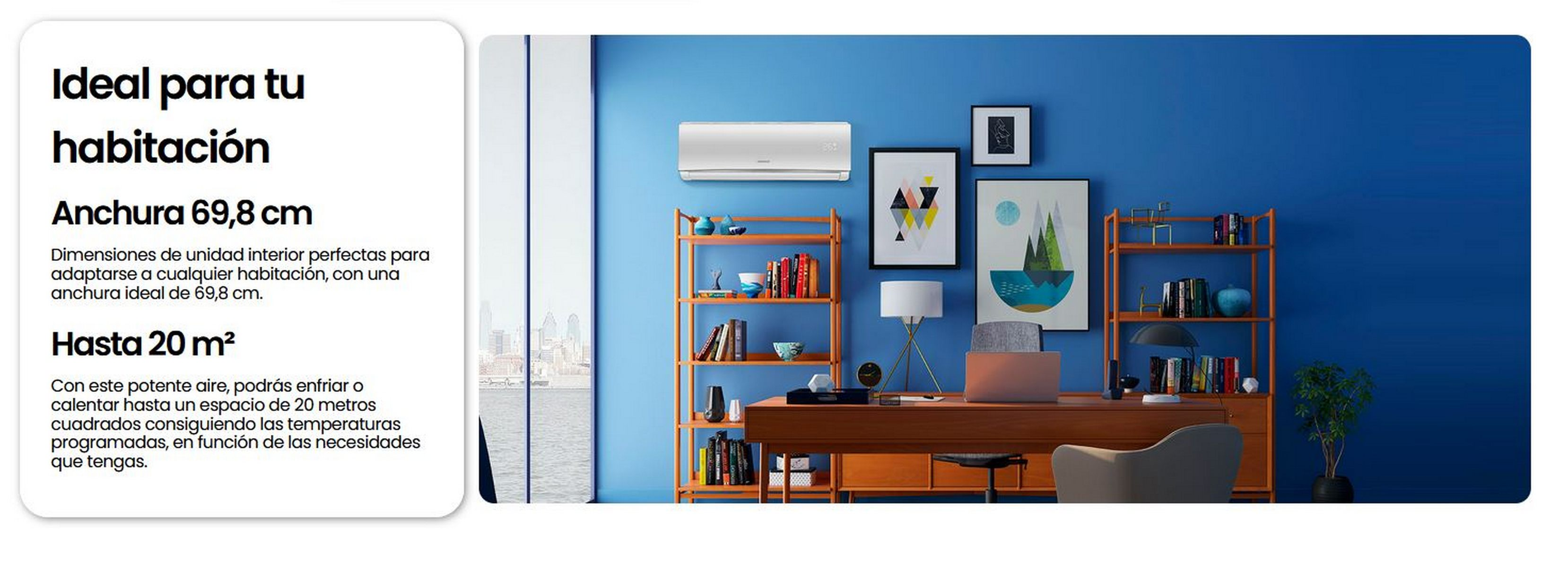 Escena interior con escritorio, libros y ventana. Texto a la izquierda describe dimensiones y características.