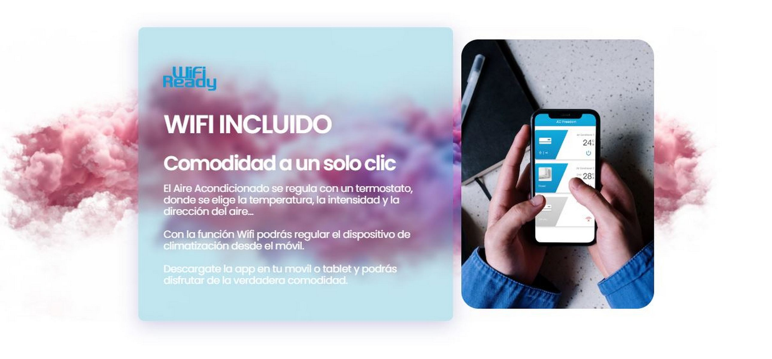 Texto WiFi incluido con un smartphone y una nube rosa, mostrando la interfaz de AC.