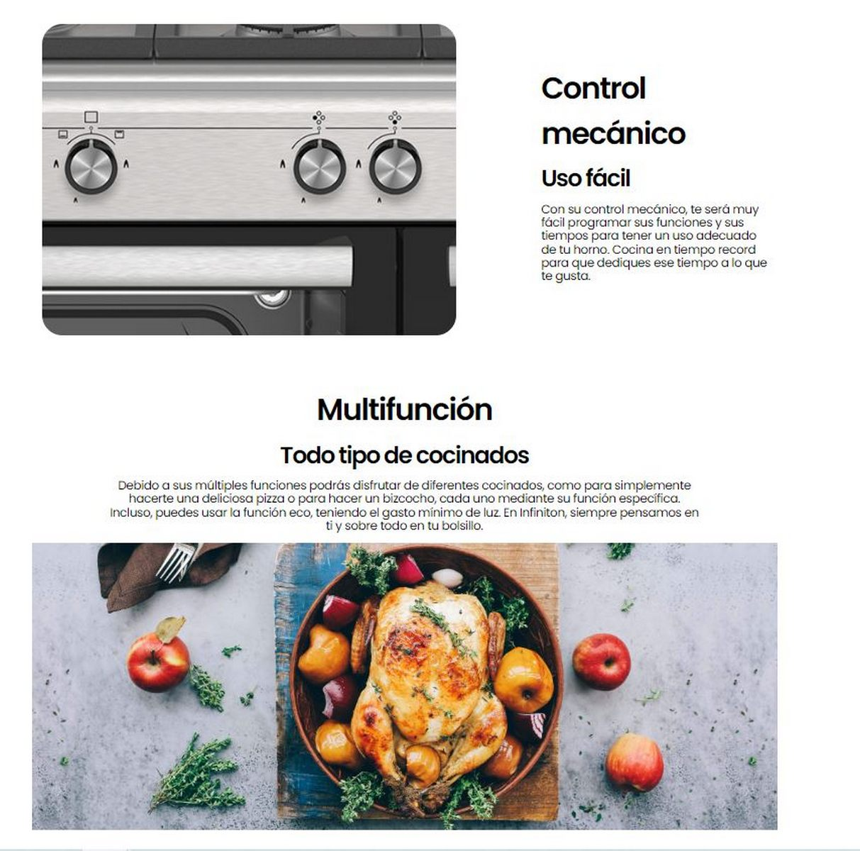Imagen de cocina moderna con cocina y pollo asado en bandeja de madera. Texto en español.