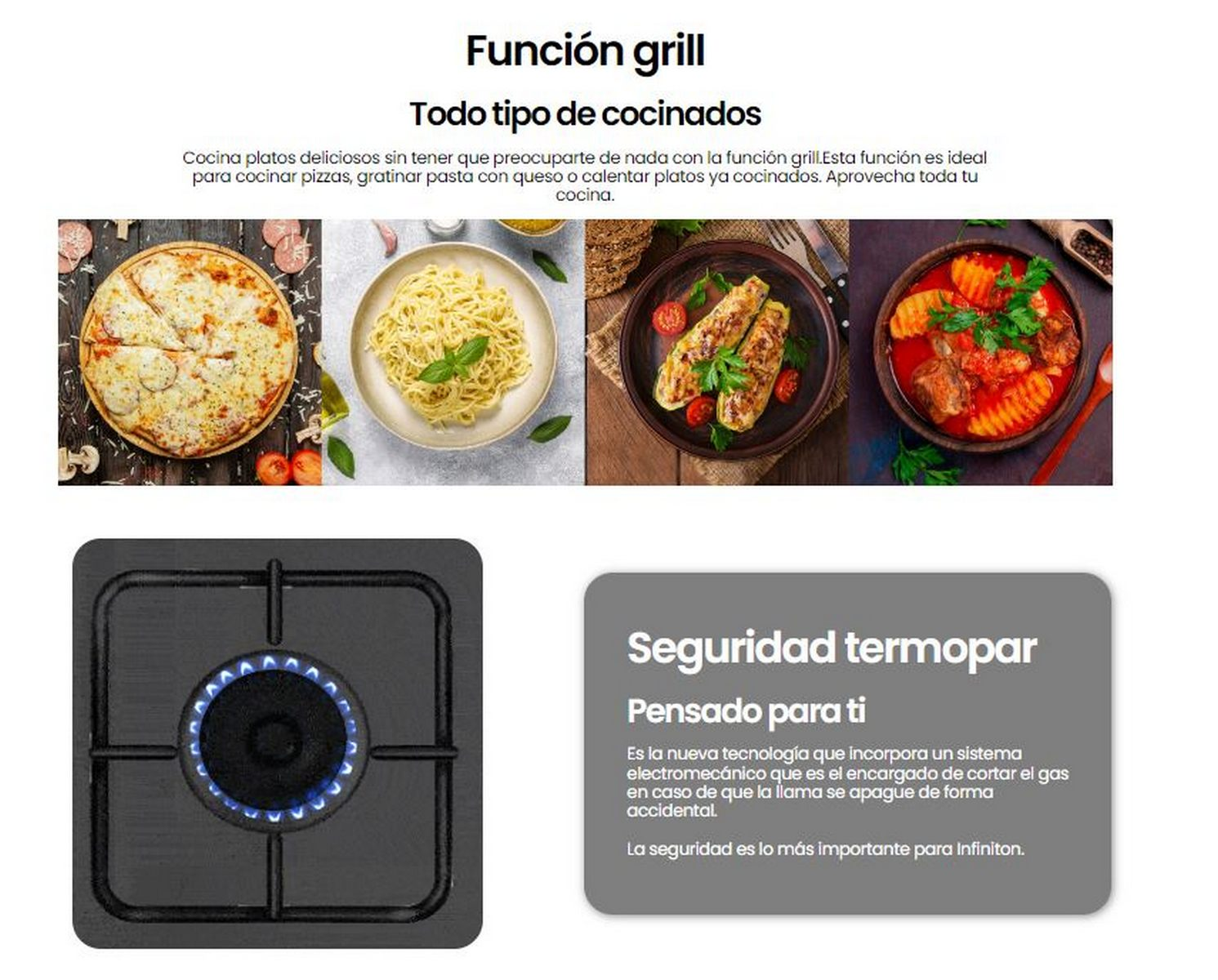 La imagen muestra una encimera con varias fotos de comida y texto. La encimera tiene una llama azul. El texto describe las características.