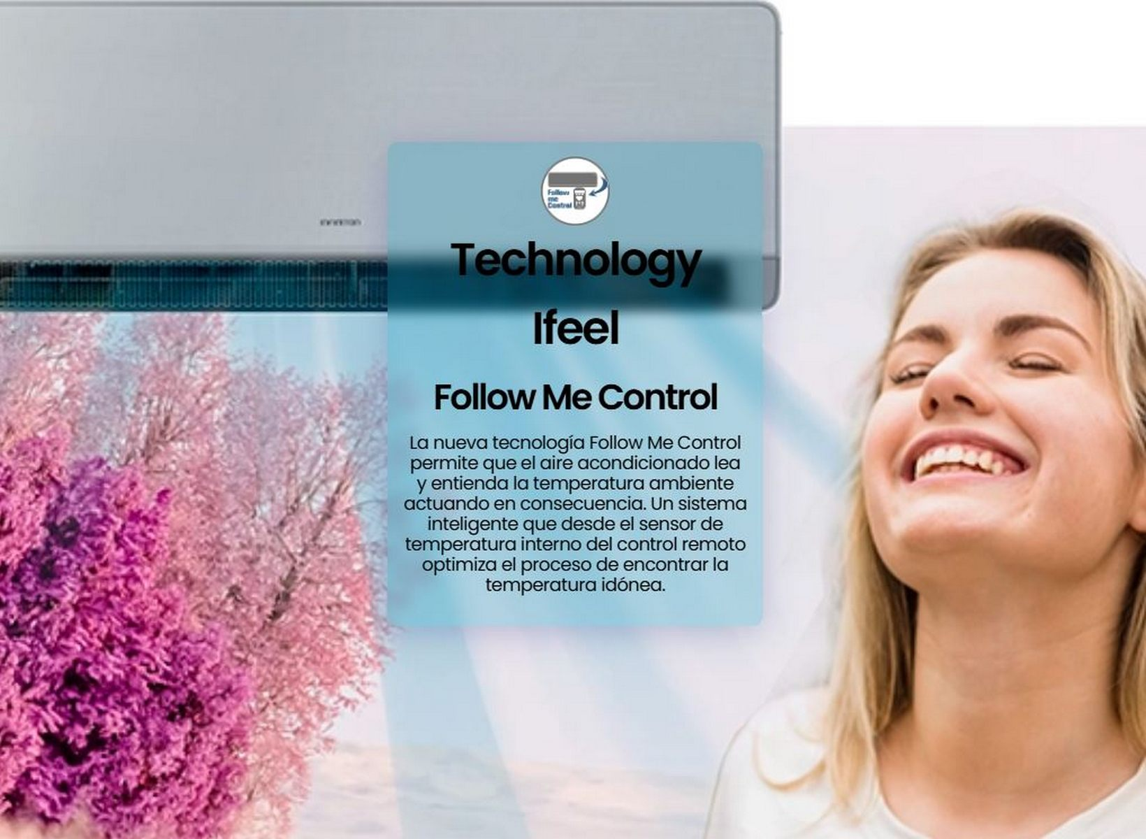 Mujer sonriendo con aire acondicionado y árbol rosa en el fondo.