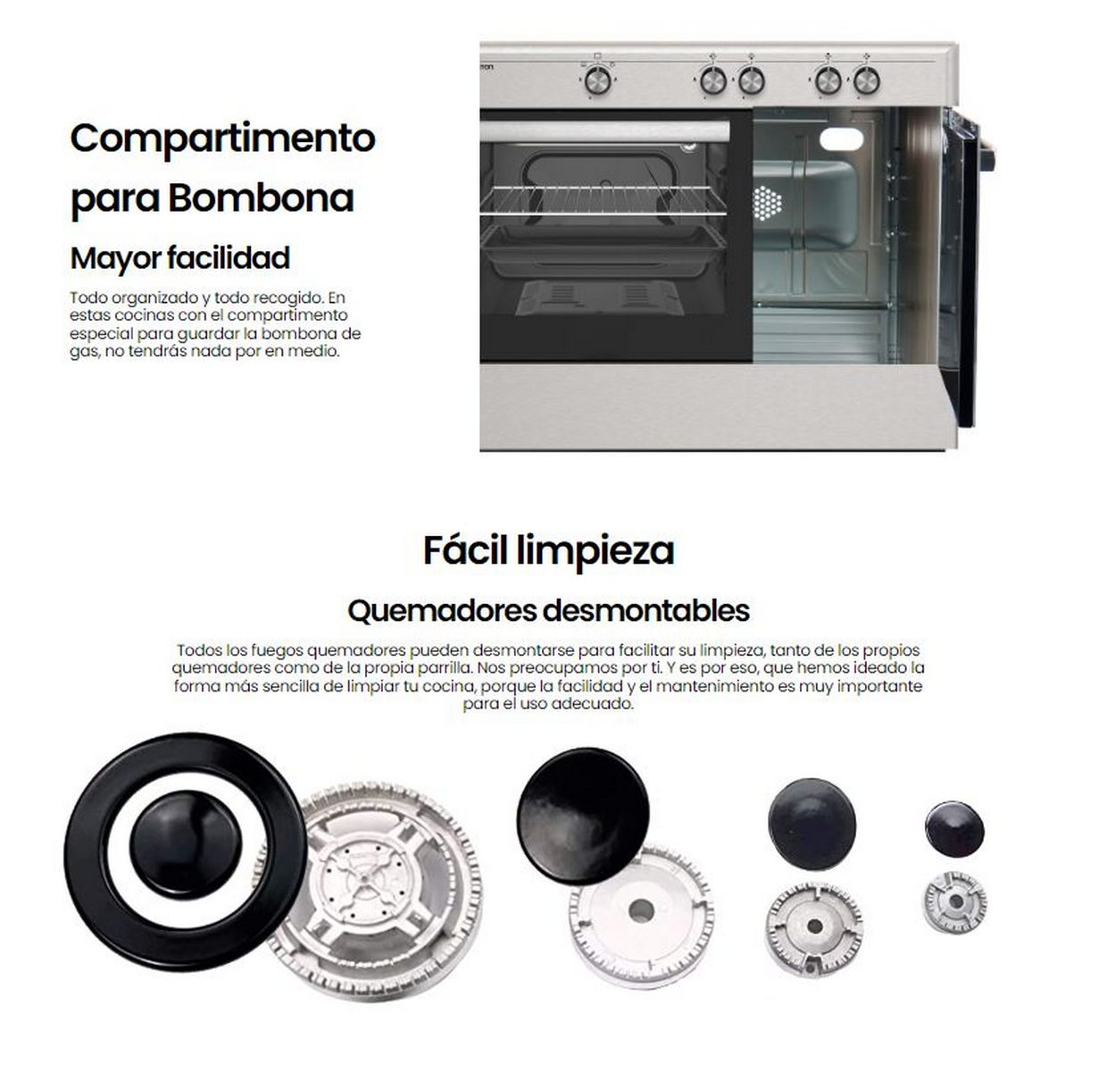 Un horno con compartimento de gas y quemadores extraíbles con diferentes componentes en primer plano.