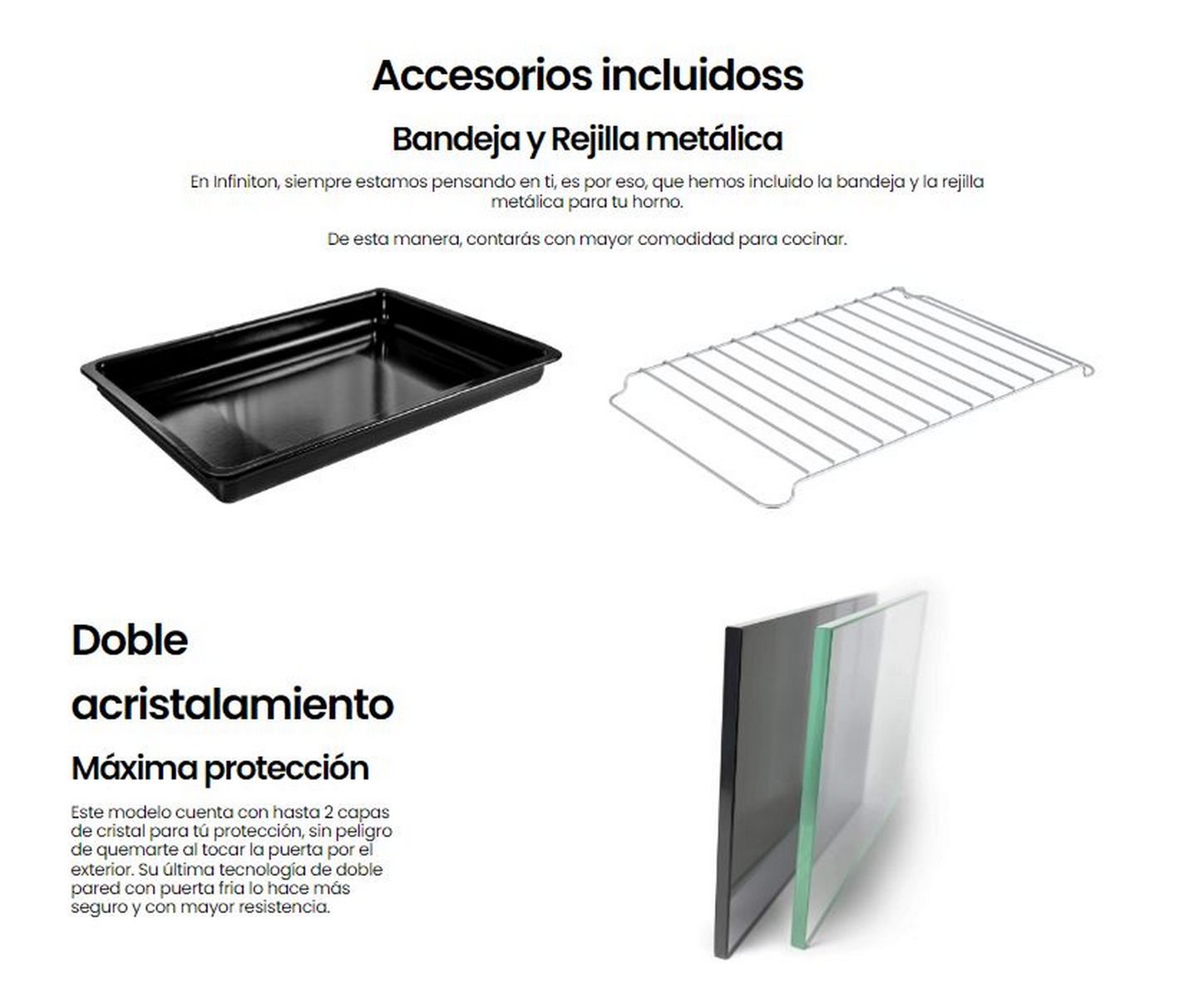 Bandeja, rejilla y paneles de vidrio sobre fondo blanco con texto.