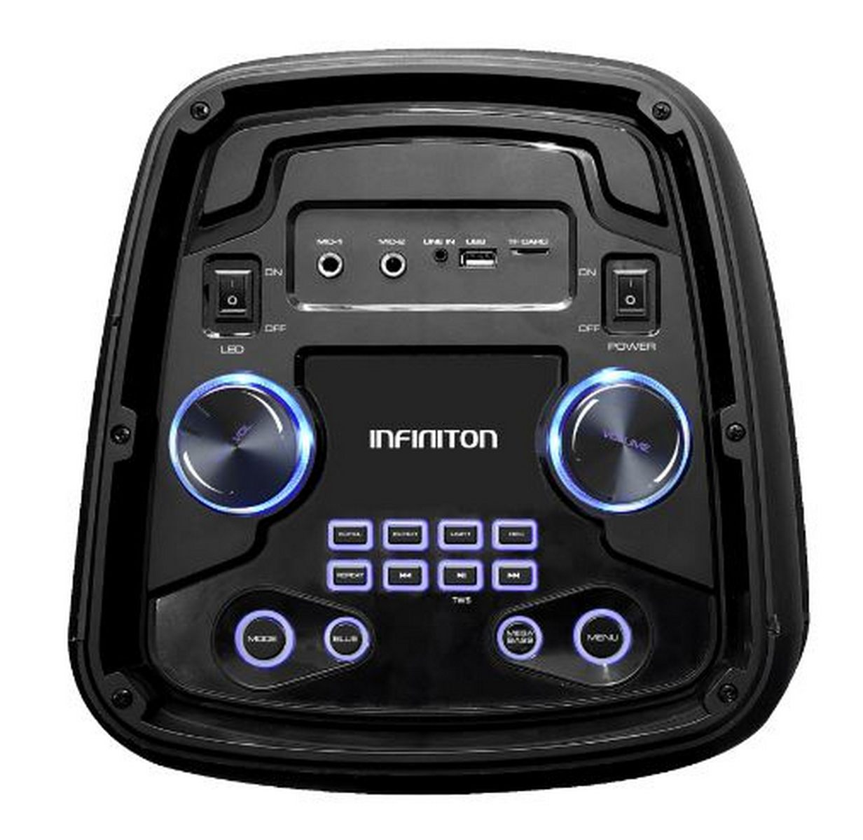 Altavoz Infinitton negro con botones y diales. Controles LED y de modo.