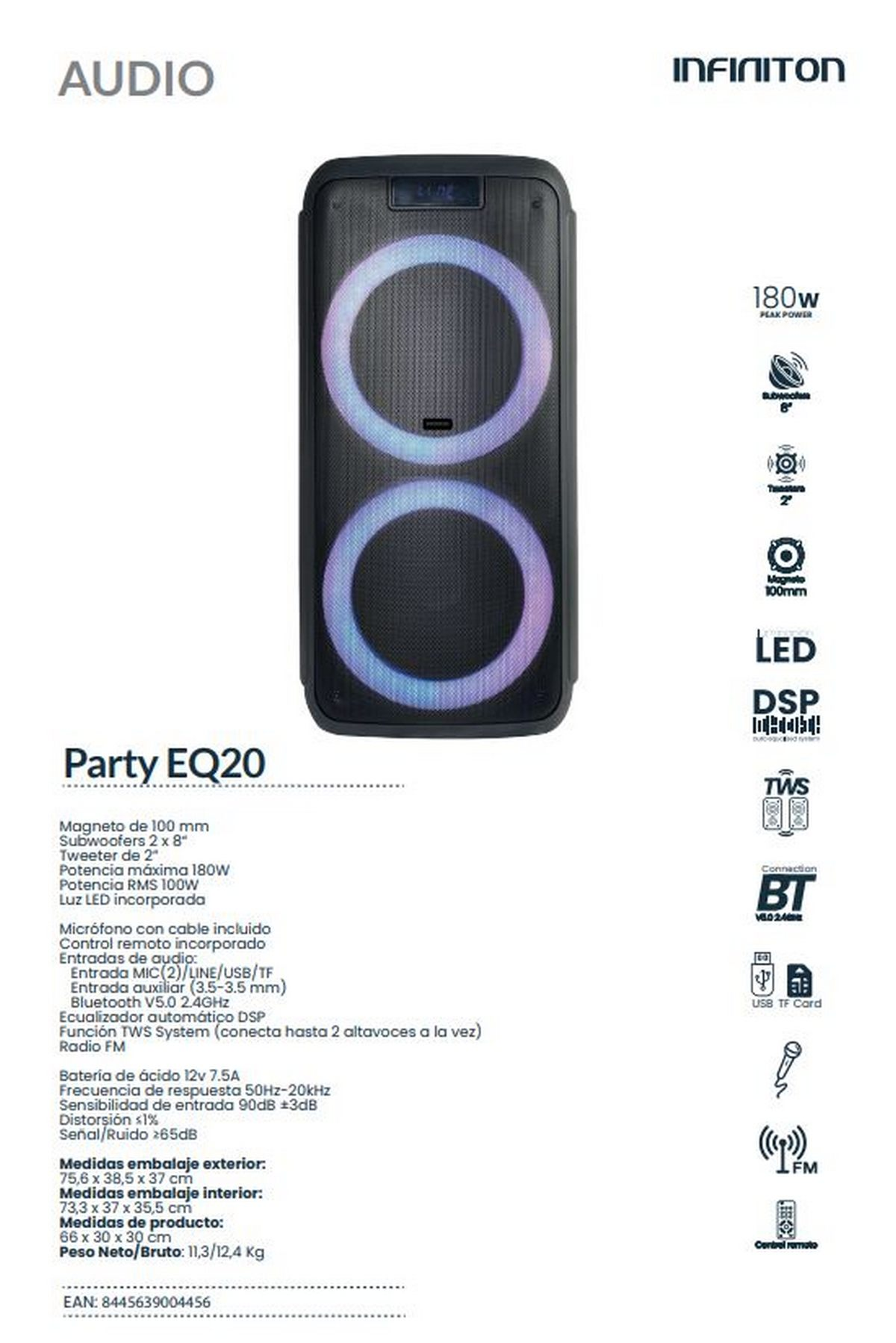 Altavoz negro con dos anillos de luz y texto. Incluye especificaciones e información de la marca.