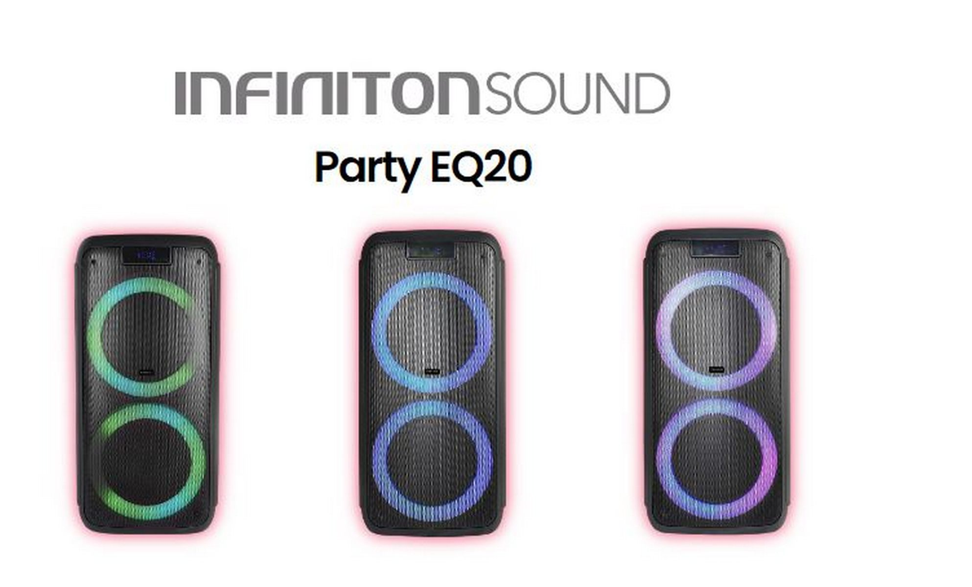Tres altavoces negros con anillos de luz coloridos, fondo blanco y el texto Party EQ20.