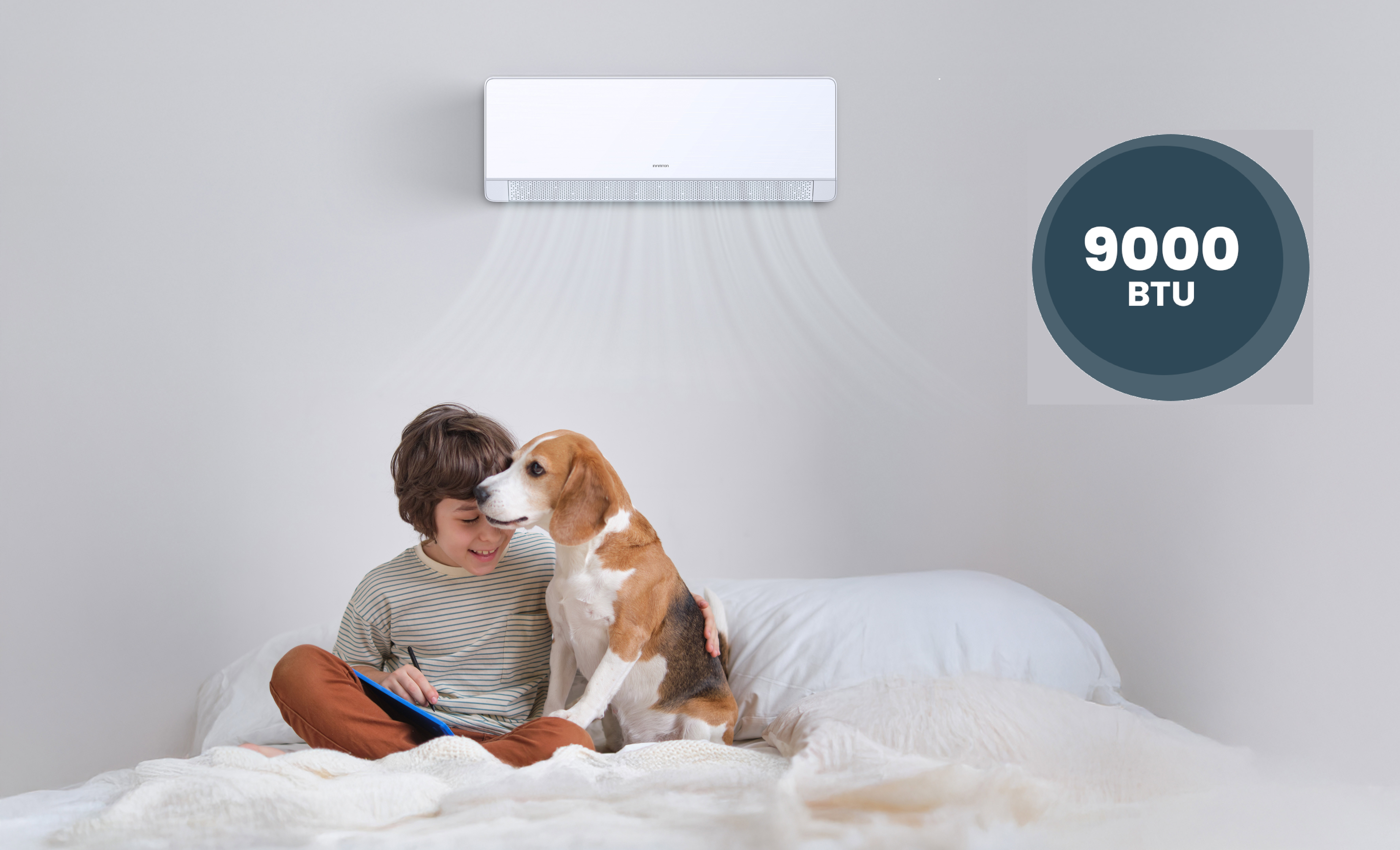 Niño y perro en la cama, aire acondicionado en la pared y un gráfico que indica 9000 BTU.