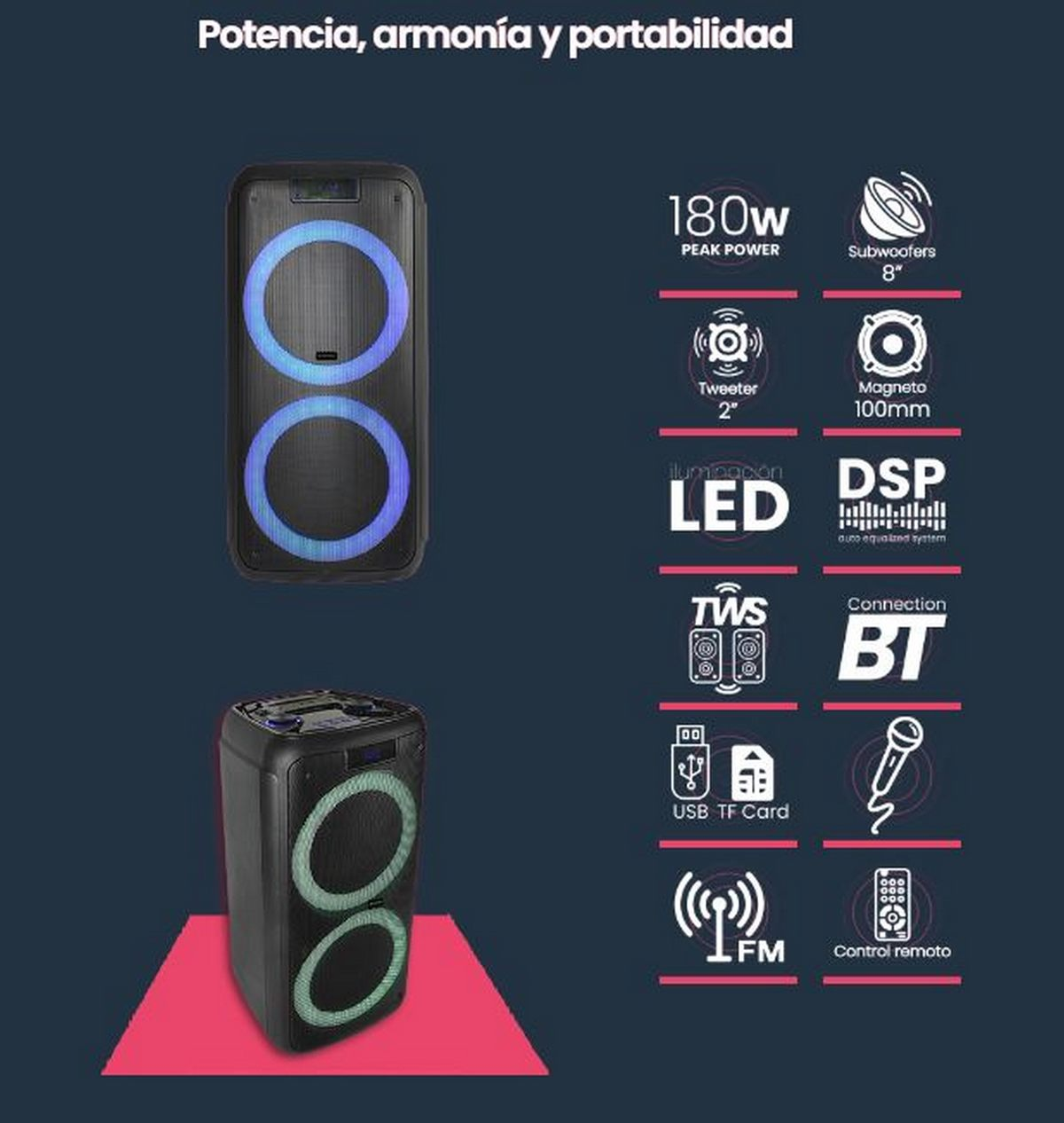 Dos altavoces y gráficos informativos, incluyendo potencia, iluminación LED y opciones de conectividad.