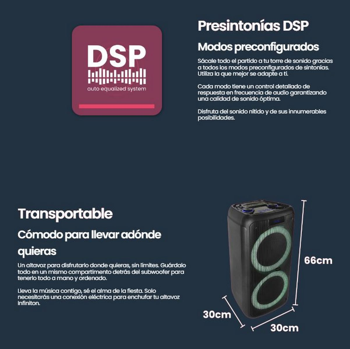Un altavoz portátil negro, con dos círculos brillantes. Texto sobre audio y dimensiones es visible.