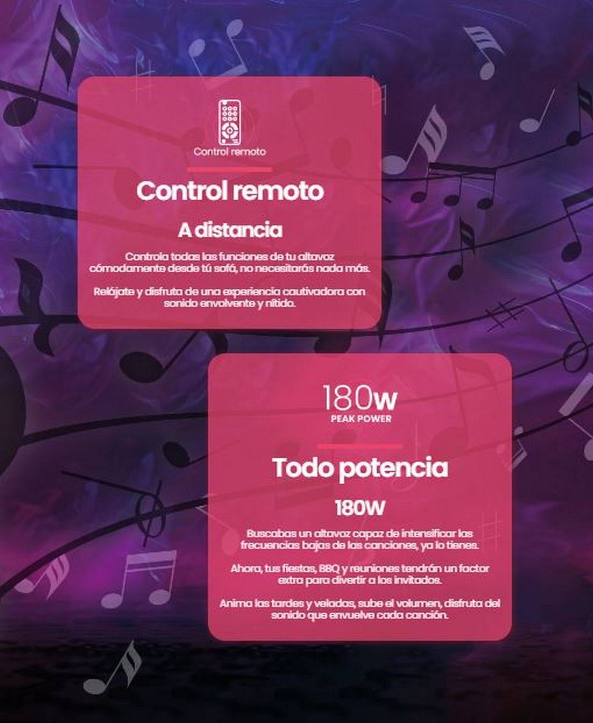 Cuadrados rosas con texto, notas musicales e icono de control remoto.