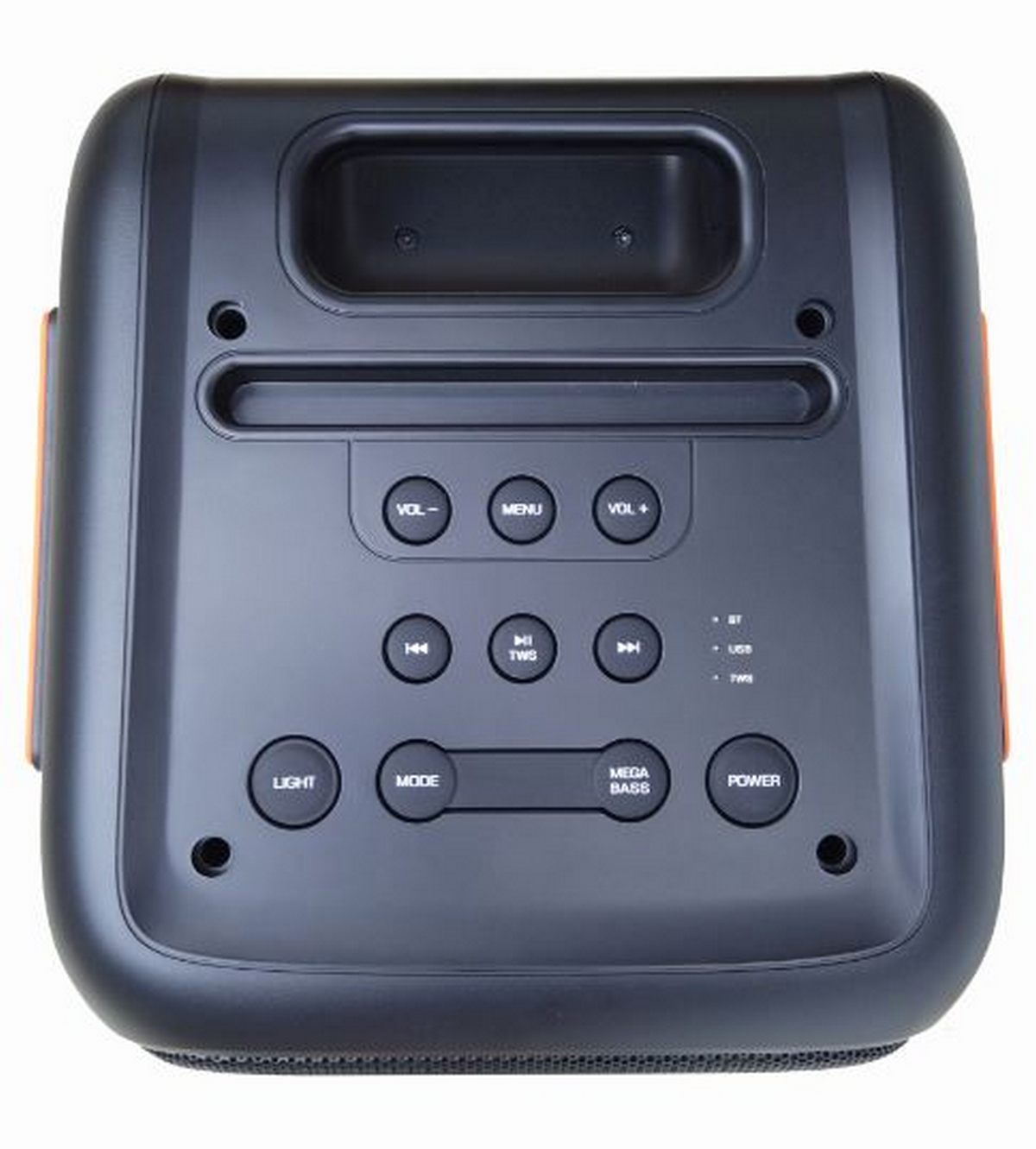 Altavoz negro con botones de volumen, menú, modo y encendido, con detalles naranjas.