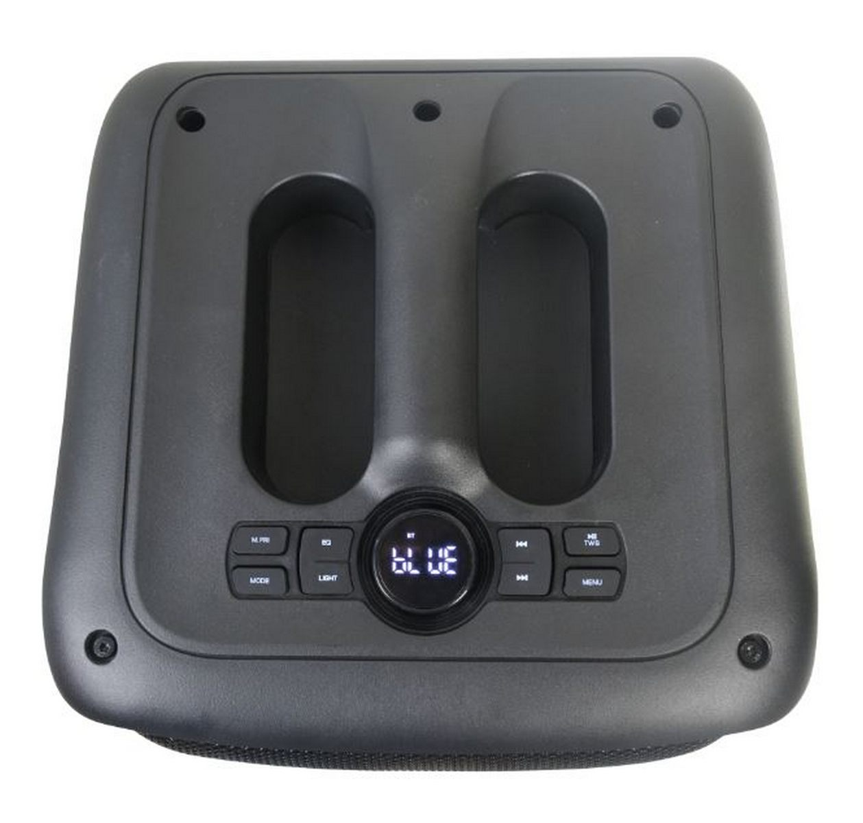 Altavoz negro con botones de control. La pantalla muestra la palabra 'BLUE' en letras blancas.
