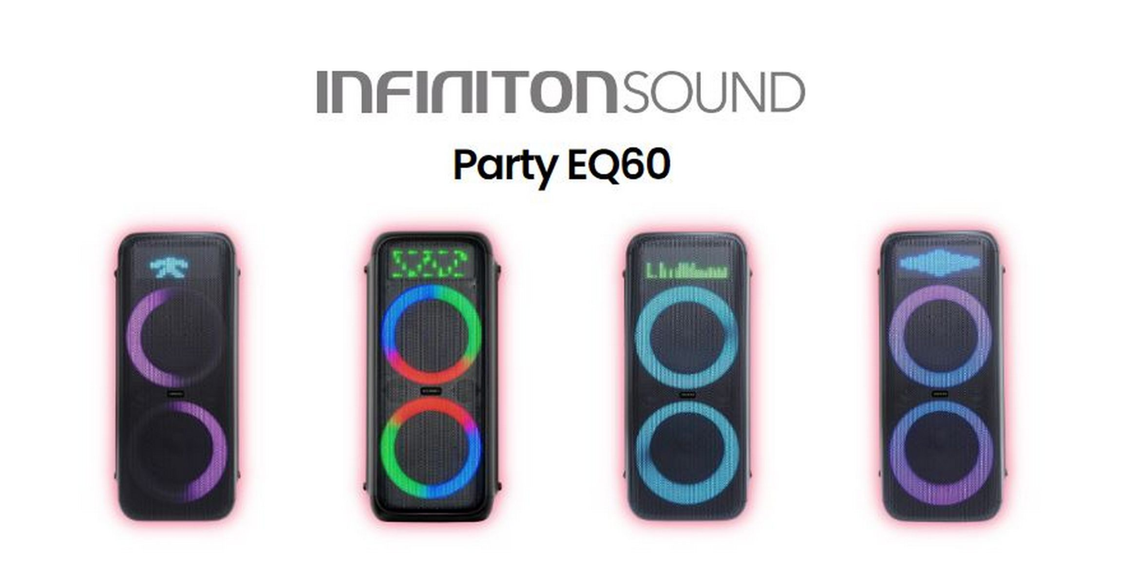 Cuatro altavoces de fiesta con luces coloridas y nombre de marca, fondo blanco.