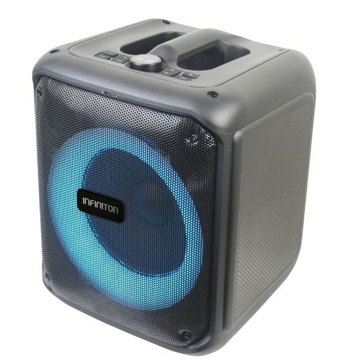 Un altavoz gris en forma de cubo con una luz azul que irradia desde detrás de una rejilla de malla.