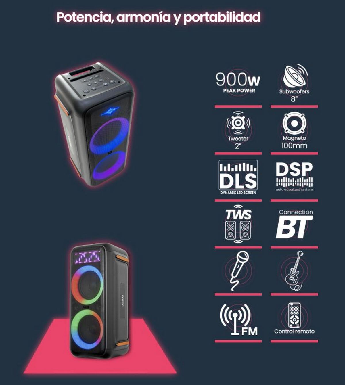 Dos altavoces, uno negro y otro con luces coloridas. El texto dice Potencia, armonia y portabilidad.