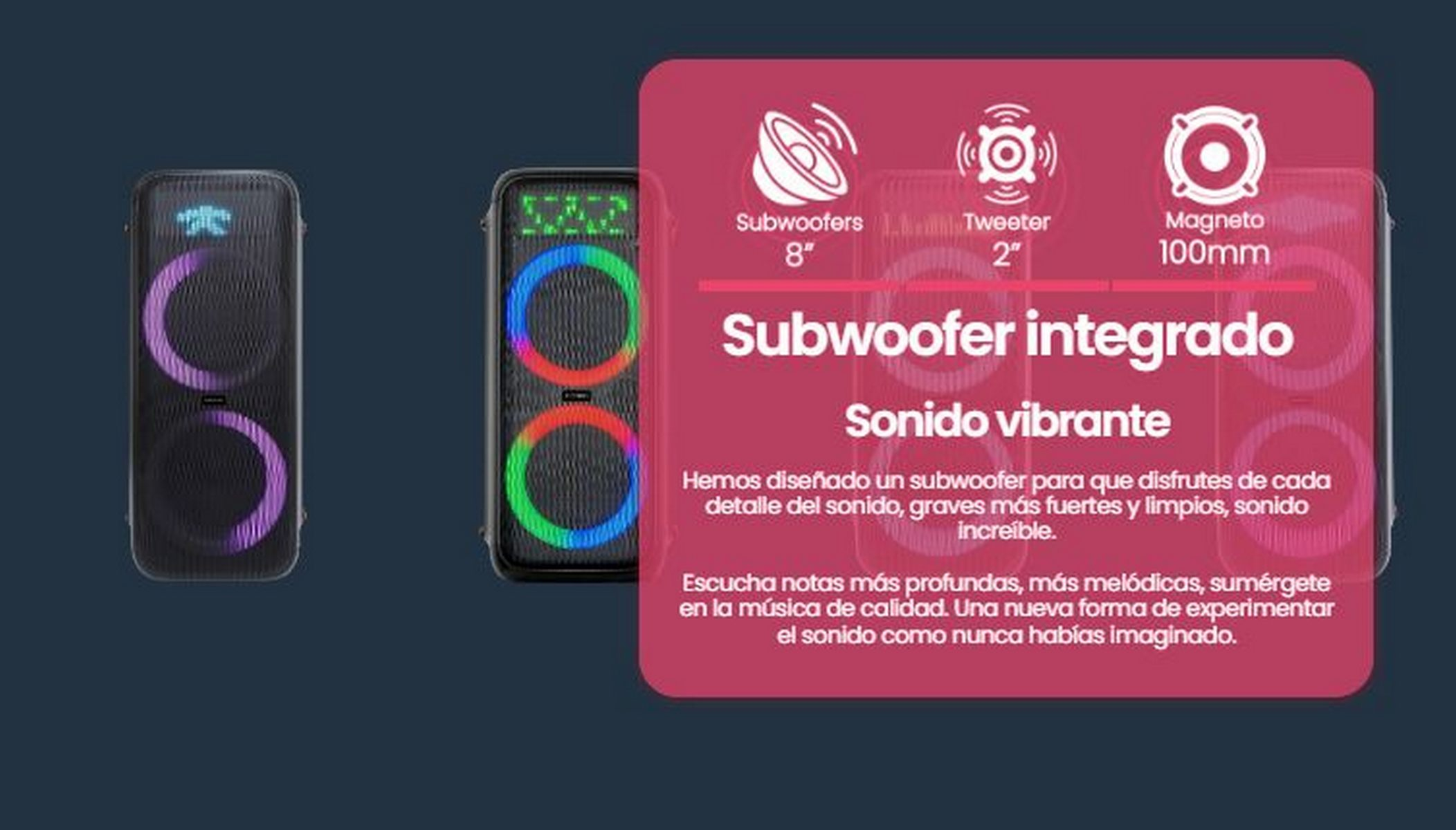 Dos altavoces. Uno es negro, el otro tiene luces de colores alrededor de los altavoces.
