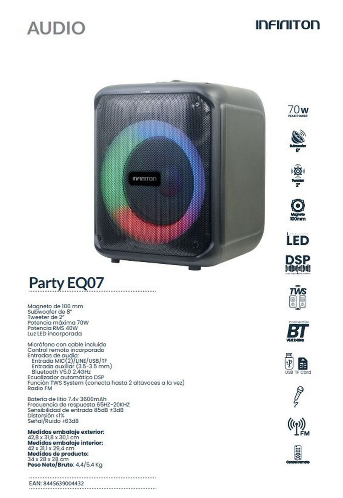 Altavoz Party EQ07 con especificaciones, incluyendo 70W de potencia, LED y conectividad Bluetooth.