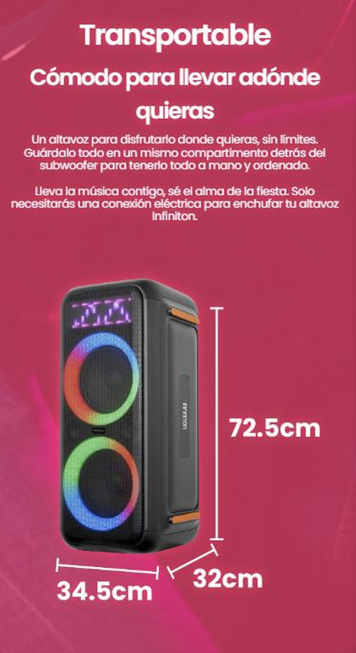 Un altavoz negro alto con luces coloridas, con dimensiones y texto.