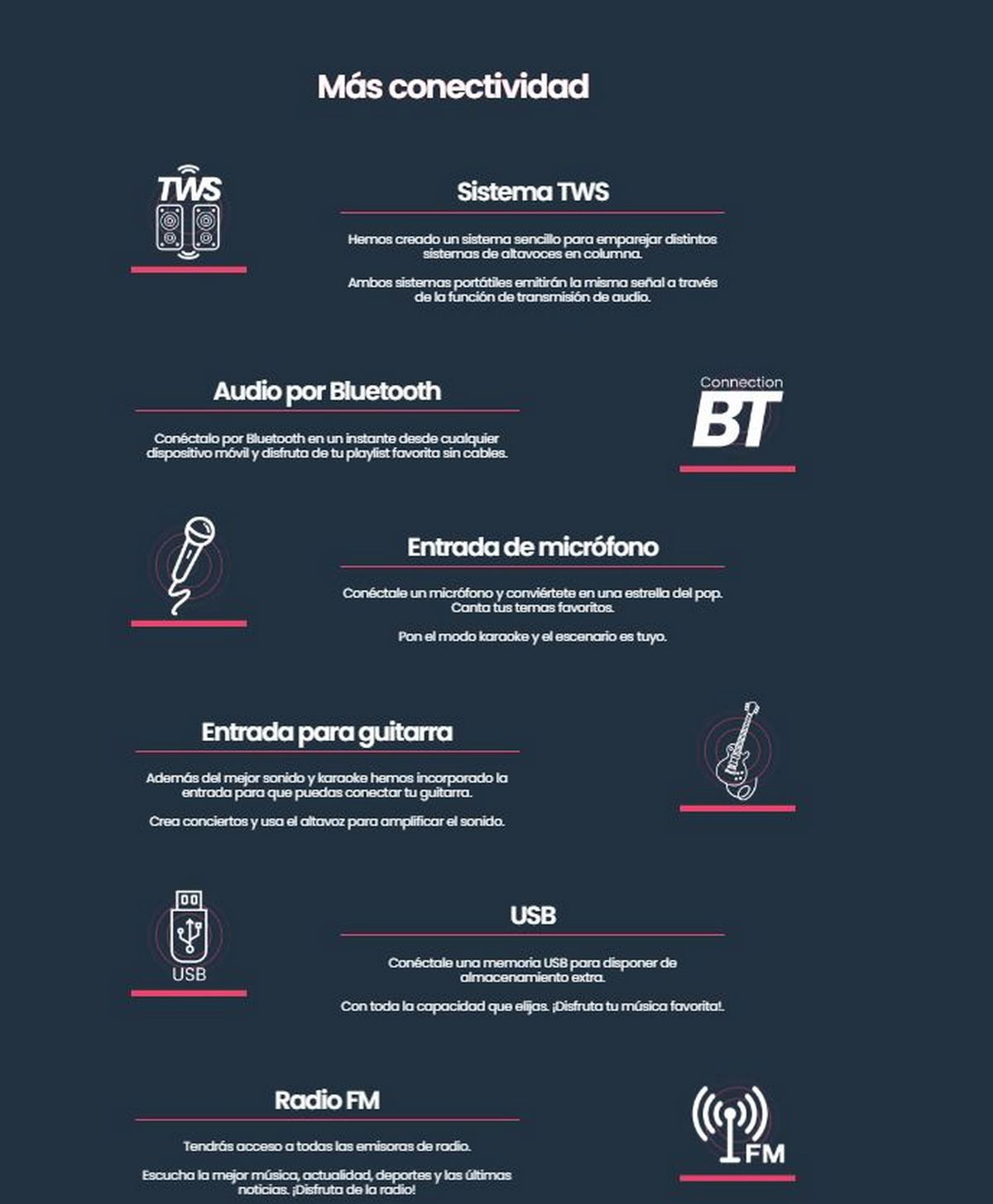 Infografía sobre opciones de conectividad. Iconos para TWS, Bluetooth, micrófono, guitarra, USB, radio.