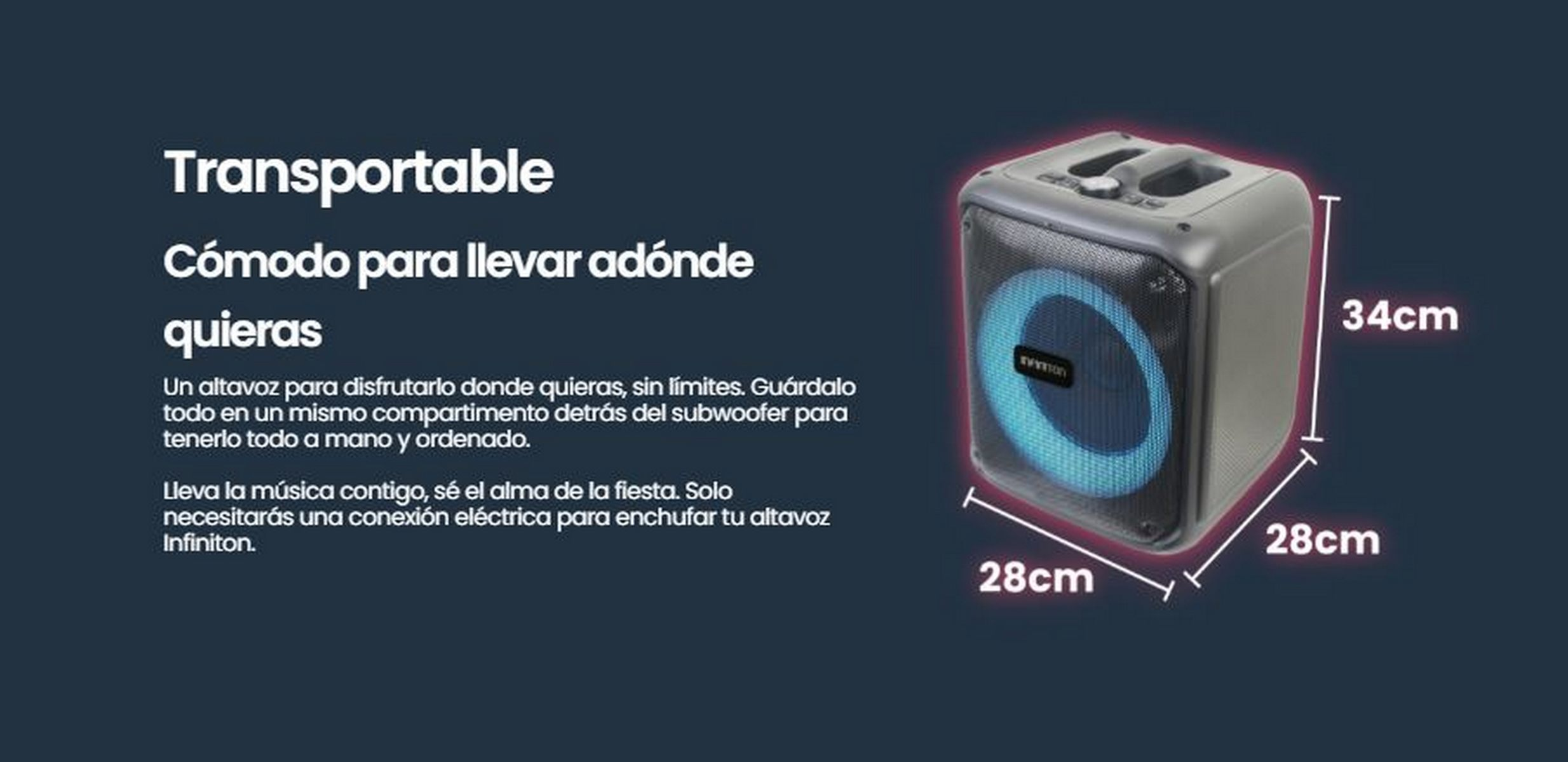 Altavoz negro con luz azul. El texto dice 'Transportable' e incluye dimensiones del producto.