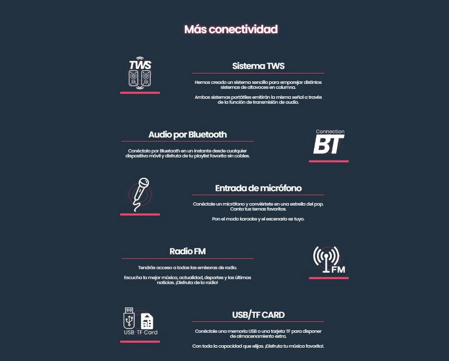 Diagrama de opciones de conectividad con iconos y texto. Bluetooth, Radio FM, USB.