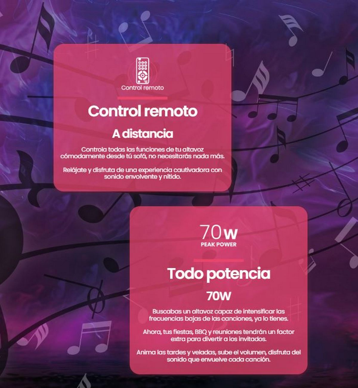 Dos tarjetas rosas con texto sobre un mando a distancia y un altavoz de 70W.