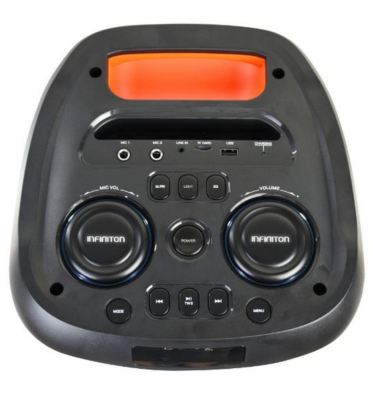 Panel de control de altavoz negro con botones, entradas y el logo 'INFINITON'.