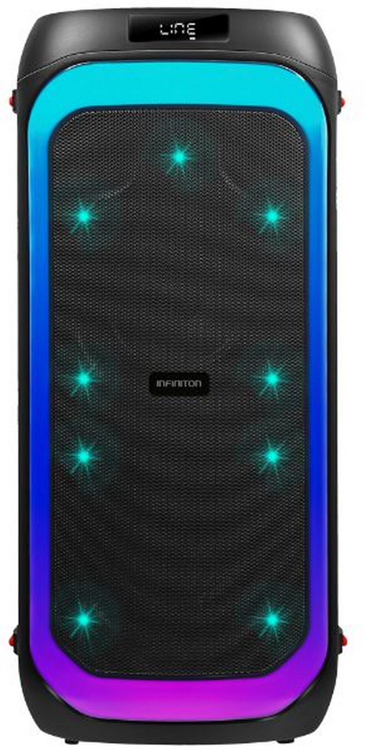 Altavoz negro alto con acentos de luz coloridos. El altavoz tiene una pantalla.