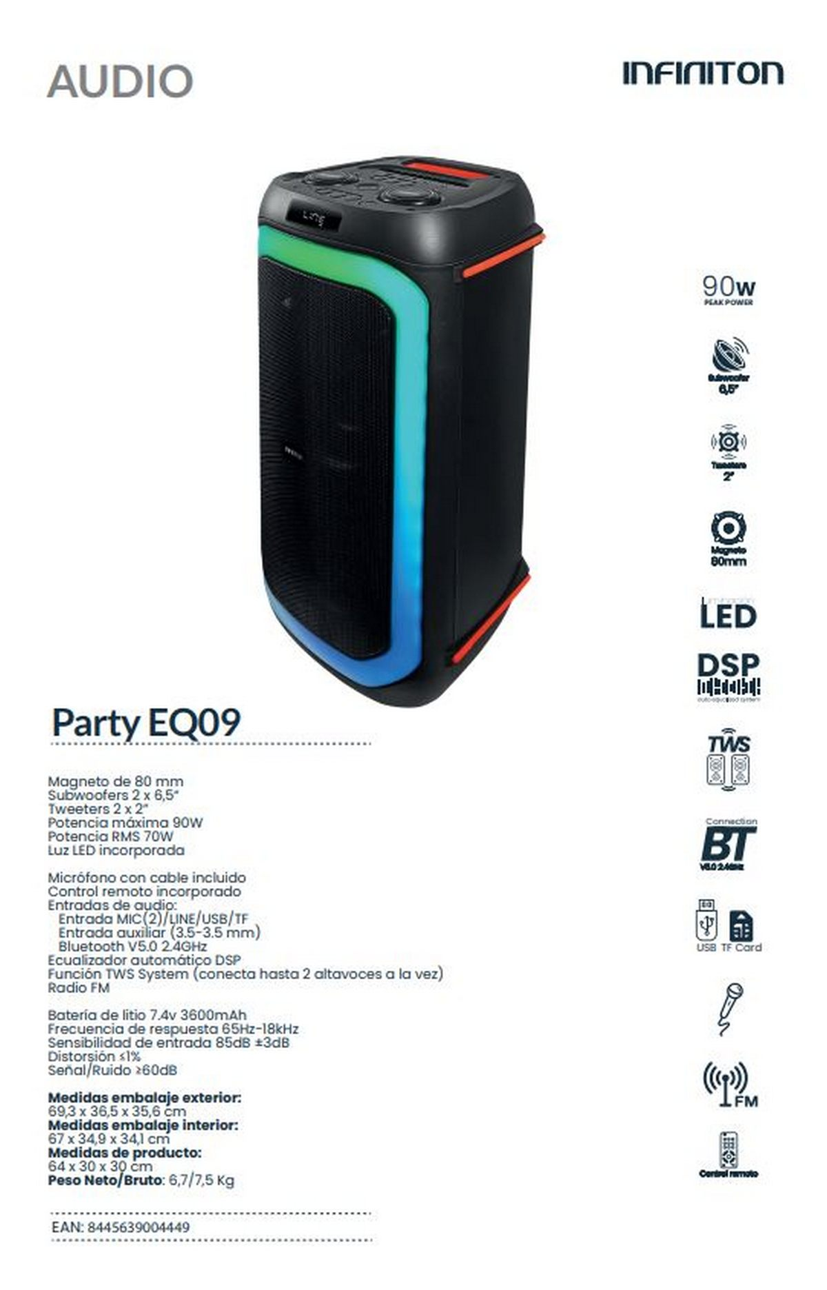 Un altavoz de fiesta negro con luces LED y texto informativo.