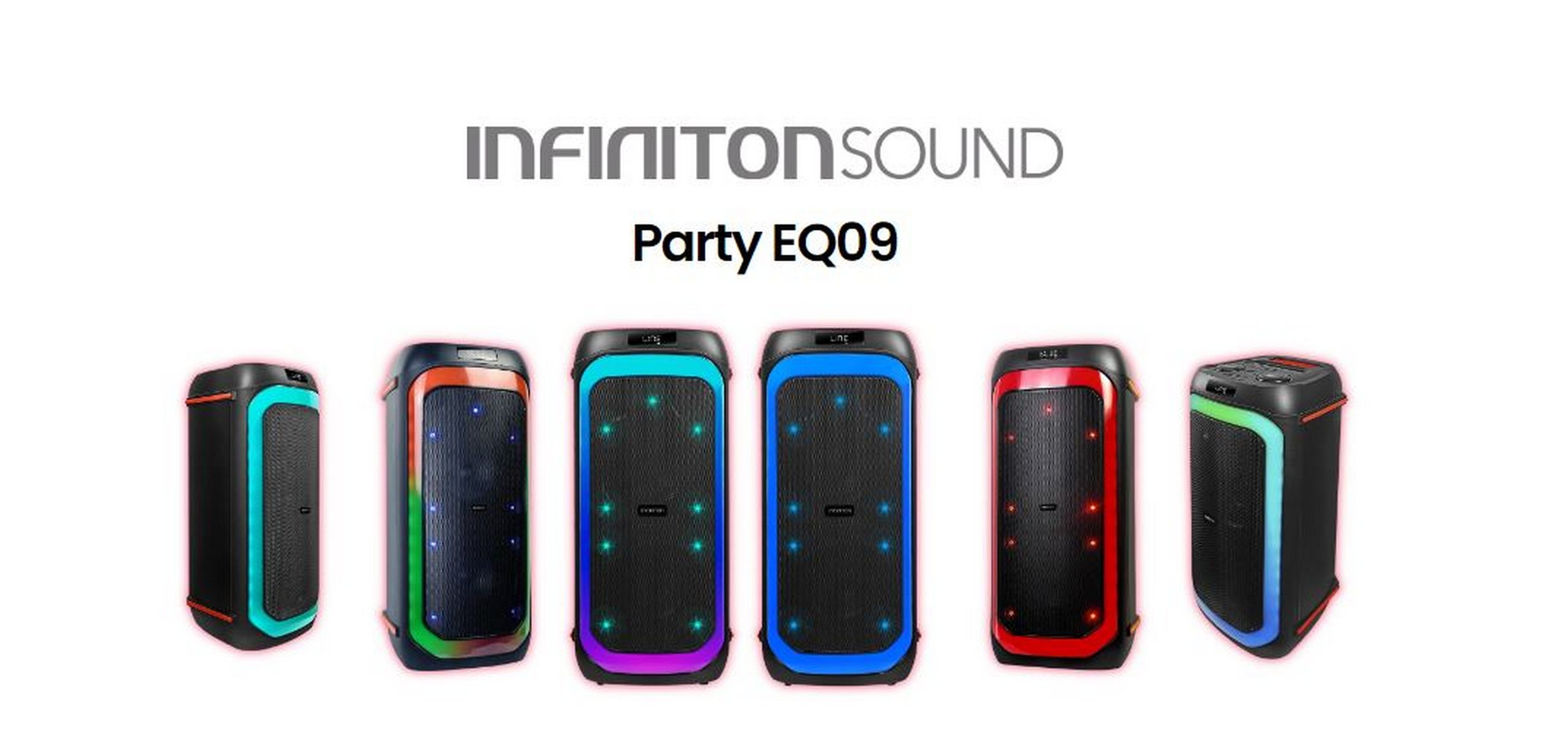 Altavoces Party EQ09. Seis altavoces en diferentes colores, con el nombre de la marca.