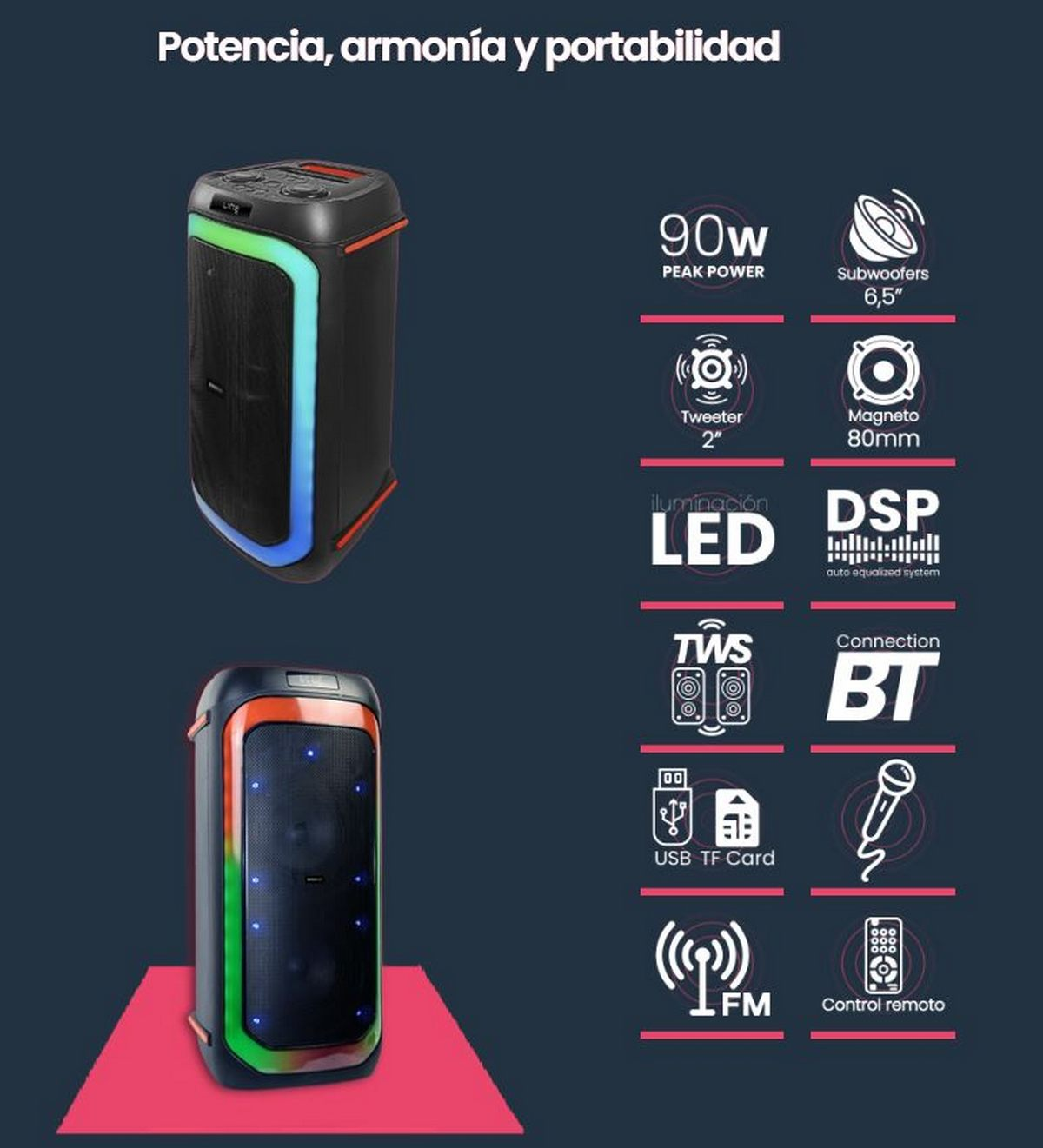 Dos altavoces, uno a cada lado. El altavoz izquierdo es azul, con tira de luz colorida. Se muestran características.