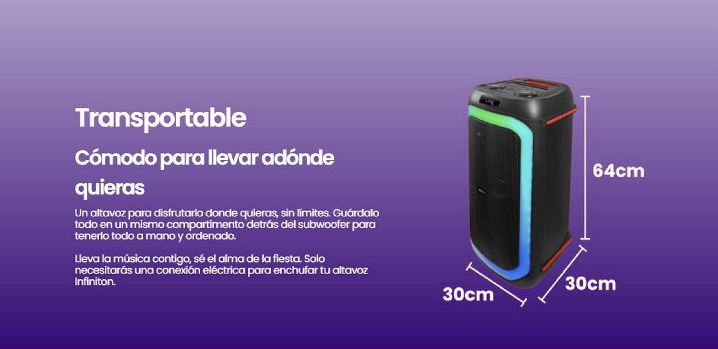 Altavoz vertical con dimensiones. Texto en español. Fondo morado.