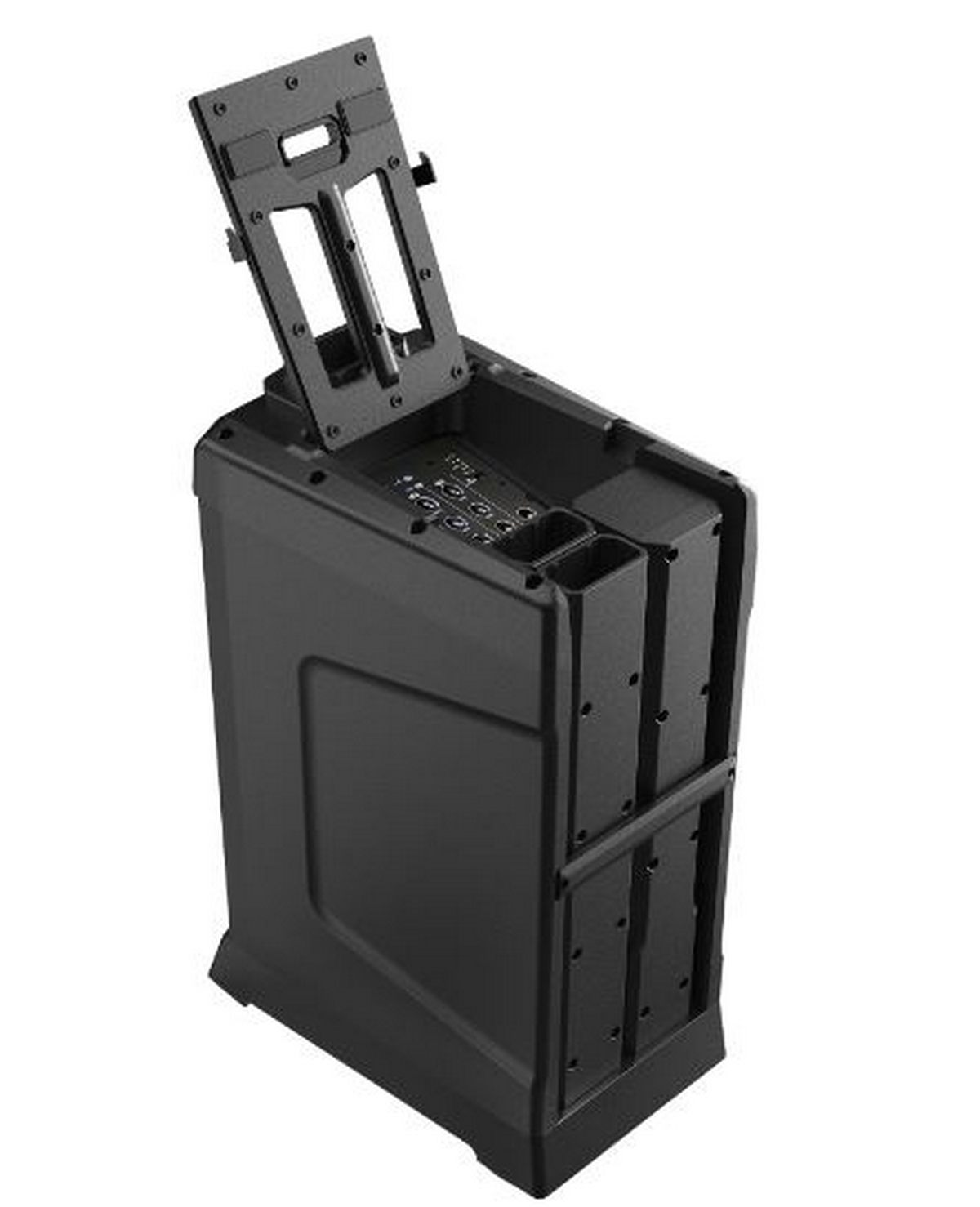 Altavoz de audio negro, con la parte superior abierta, revelando componentes internos.