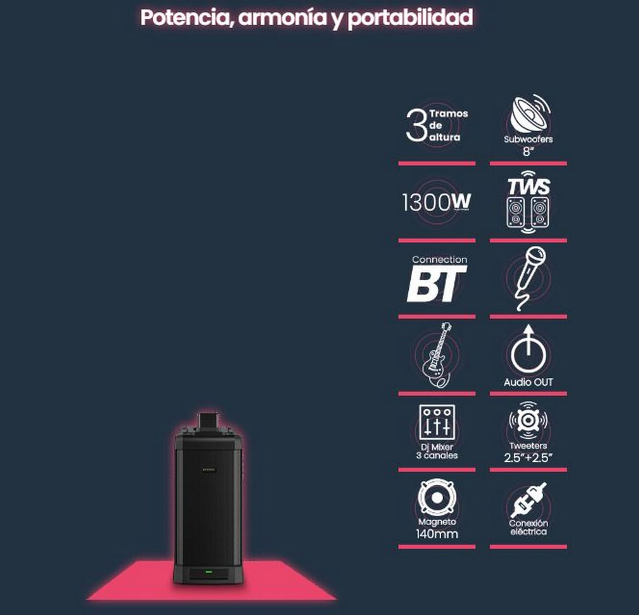 Altavoz negro con iconos y texto. Forma rectangular, con información sobre características y potencia.