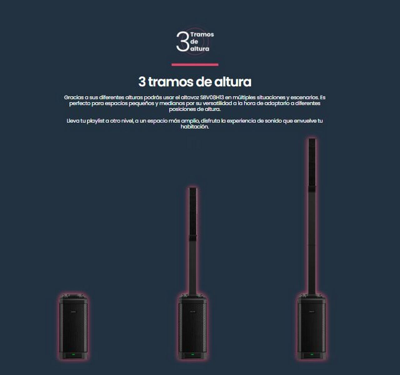 Tres altavoces negros de diferentes alturas, con texto que describe las opciones de altura.