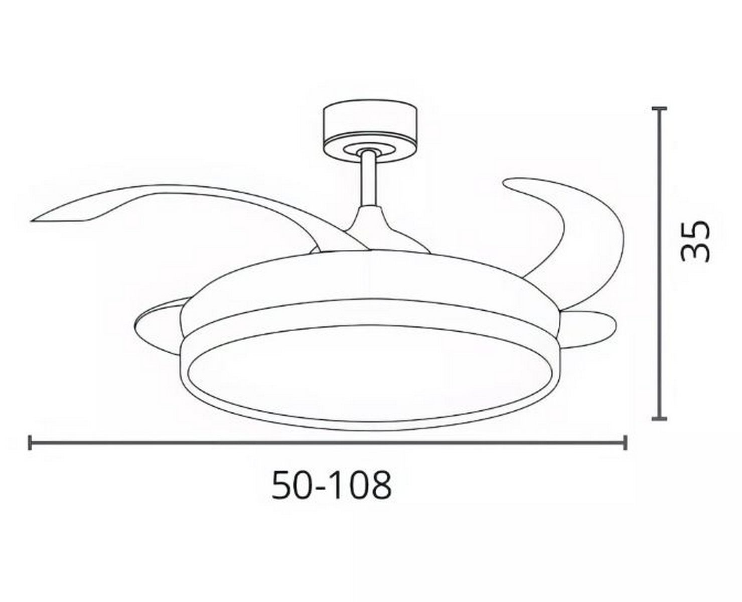 Ventilador de techo con medidas en mm. El ventilador tiene tres aspas y una luz.