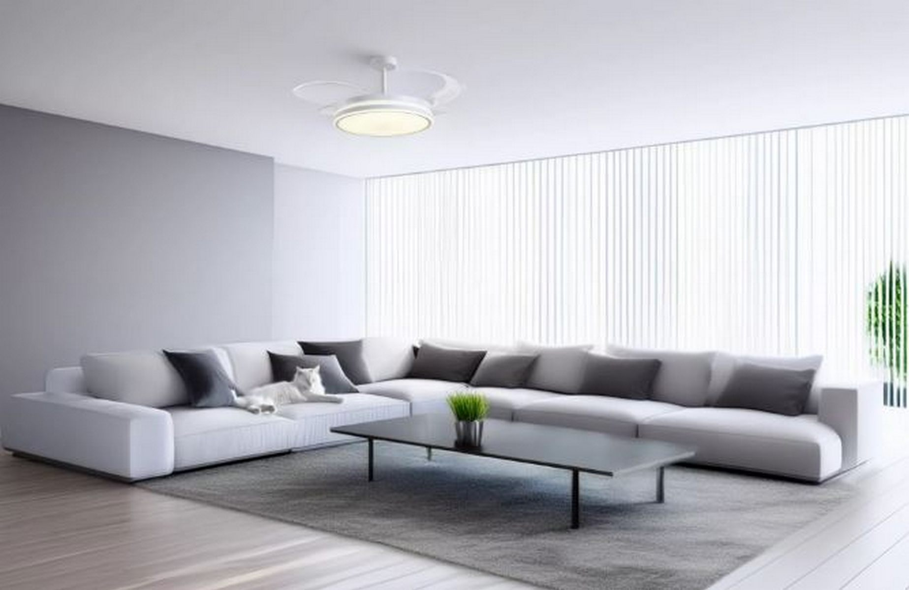 Salón moderno con sofá seccional blanco grande, alfombra, mesa de centro y ventana. Un gato está en el sofá.