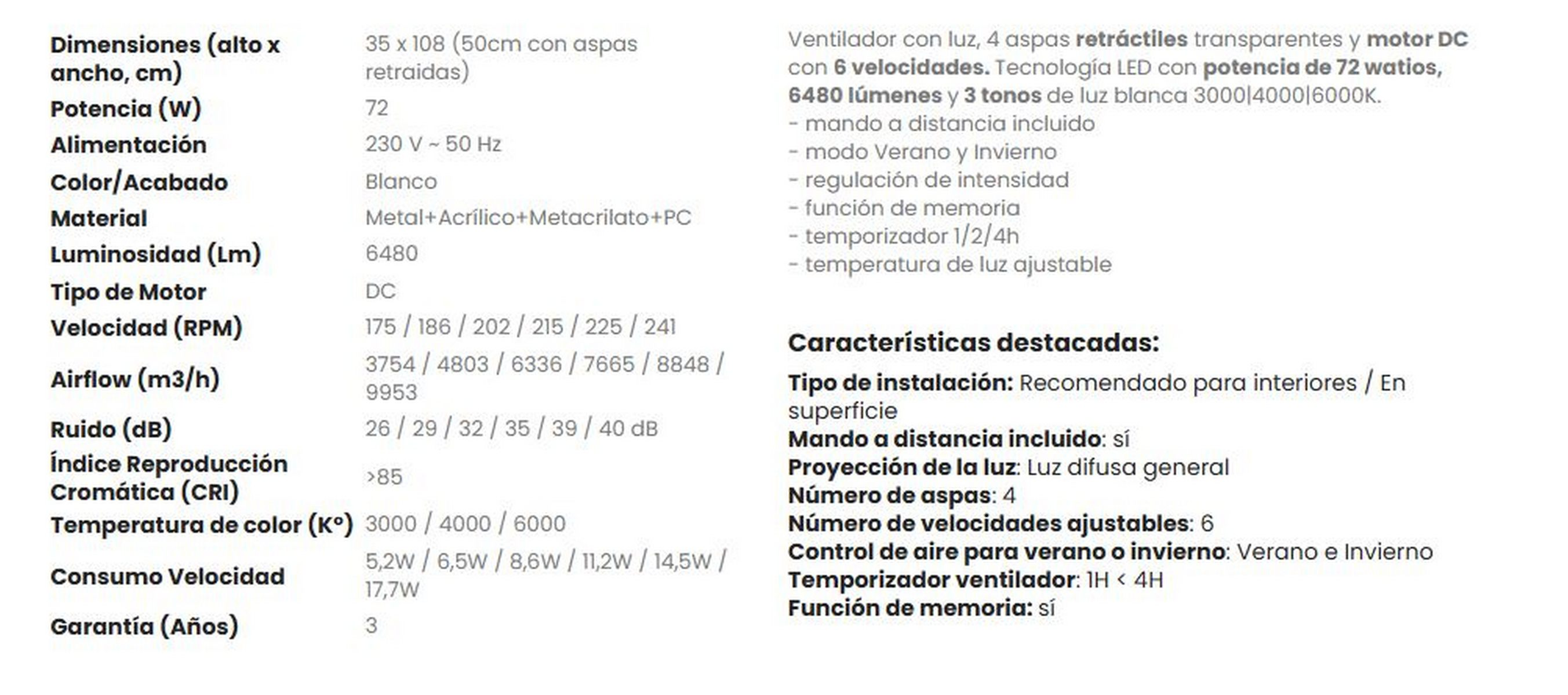 Especificaciones técnicas en español, para un ventilador.