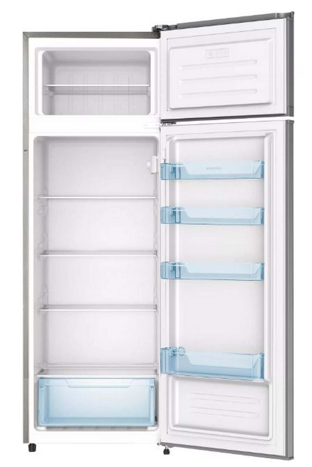 Un refrigerador gris plateado con las puertas abiertas, revelando estantes, cajones y recipientes azules en su interior.