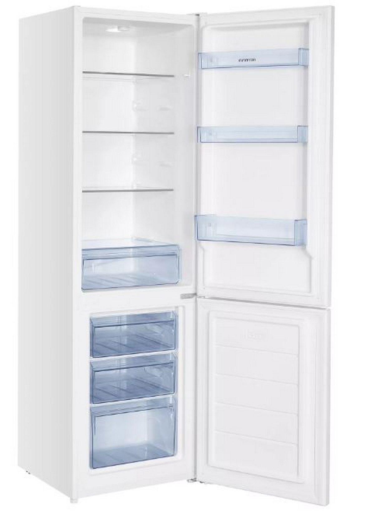 Refrigerador blanco con puerta abierta, mostrando estantes y cajones.