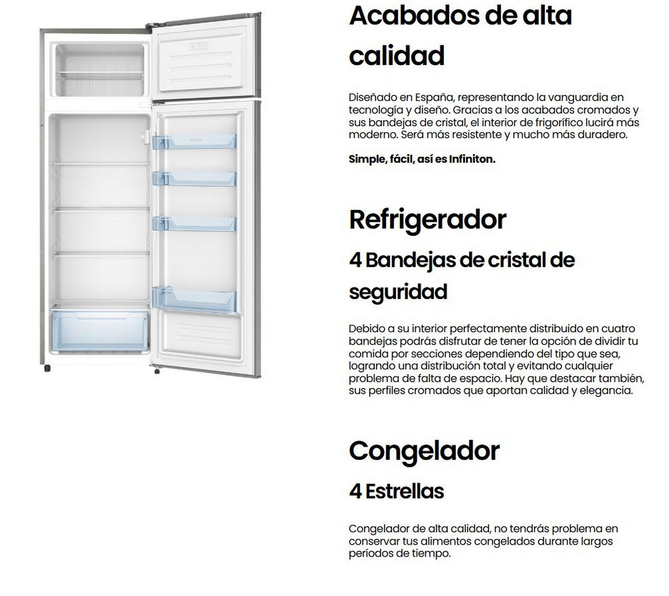 Refrigerador abierto con estantes y cajones. Texto en español describe características y eficiencia energética.