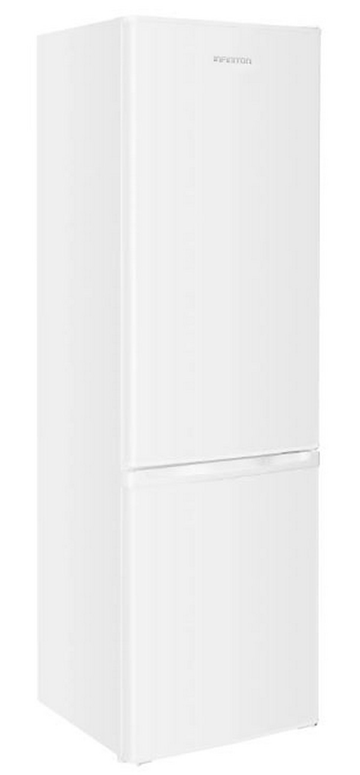 Refrigerador blanco de dos puertas. El congelador está en la parte inferior.
