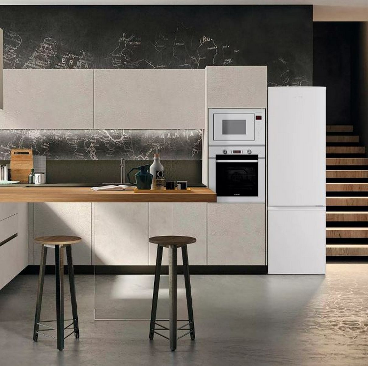 Cocina moderna con taburetes, microondas, horno, nevera y escaleras. Fondo oscuro con diseño de mapa.