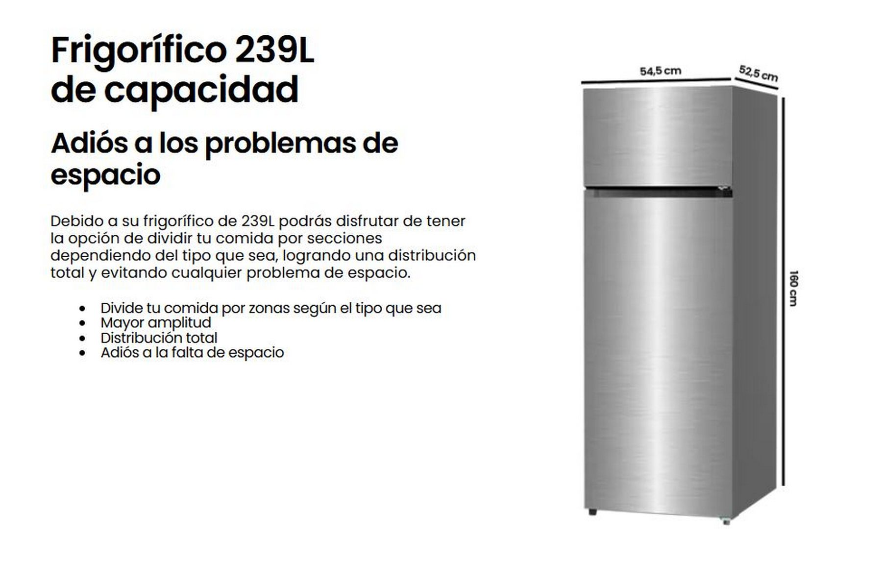 Refrigerador de acero inoxidable con dimensiones y texto.
