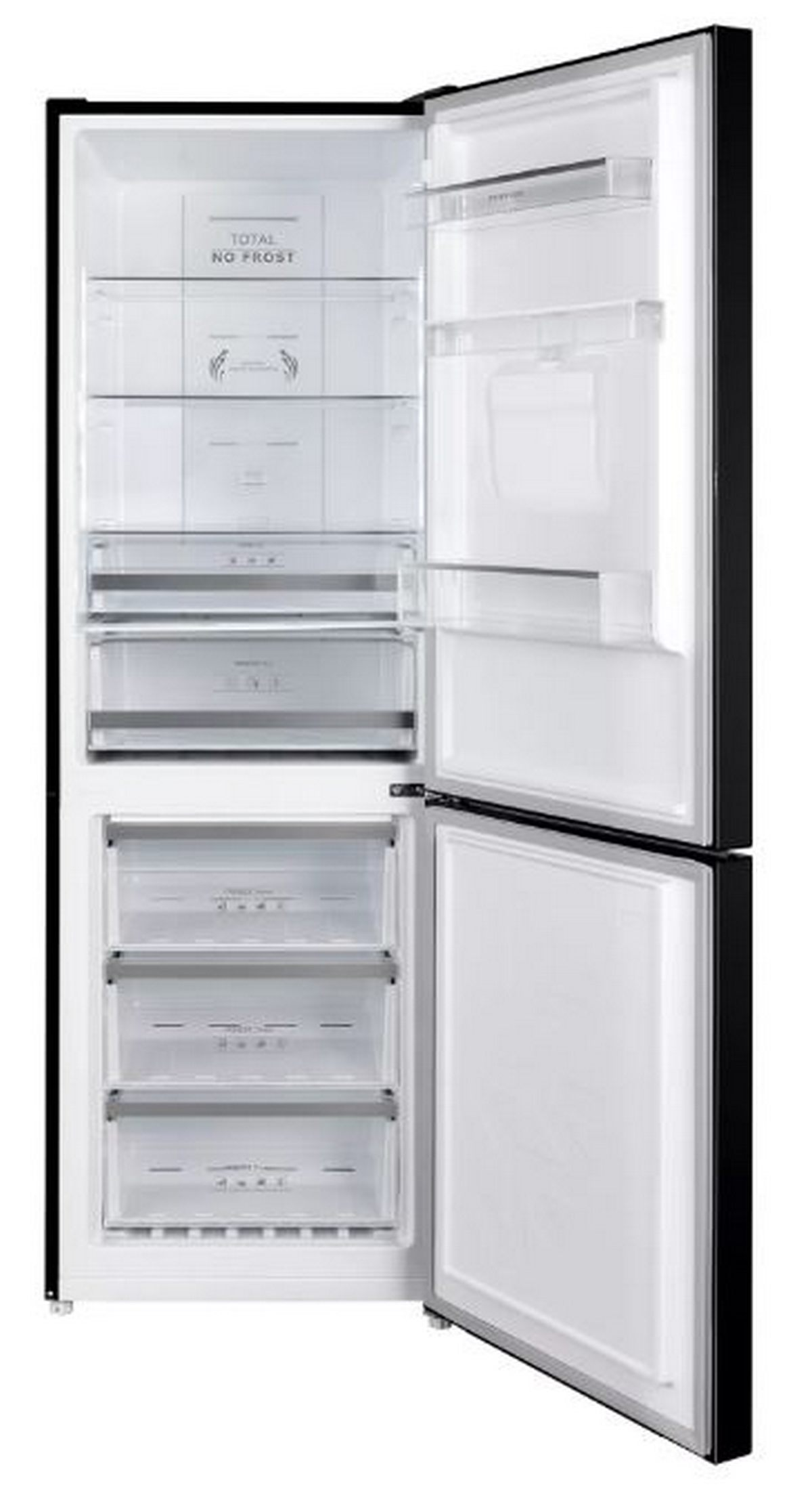 Refrigerador blanco abierto con estantes, cajones y exterior negro.