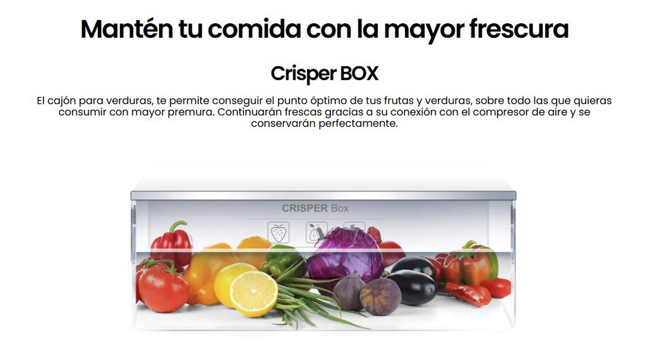 Cajón de verduras lleno de frutas y verduras frescas con texto arriba.