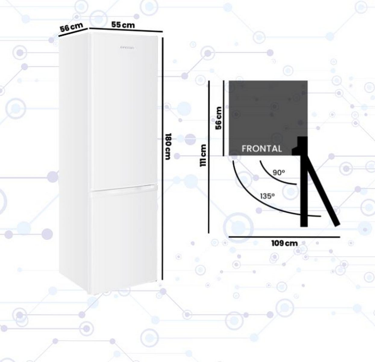 Refrigerador blanco con medidas y un diagrama de vista en ángulo de 90/135 grados.