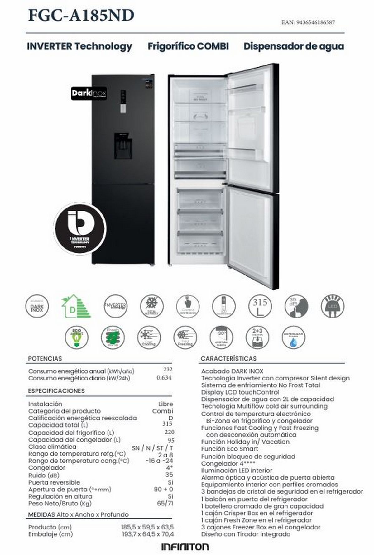 Ficha técnica del frigorífico combi. Frigorífico negro con puerta abierta. Se enumeran las especificaciones y características detalladas.