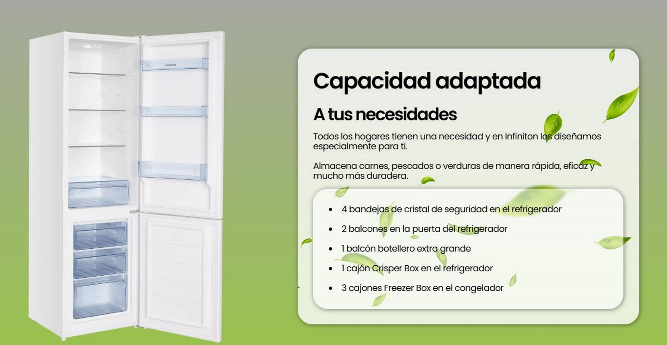 Refrigerador blanco abierto, con cajones y estantes. Texto en español, fondo verde y blanco.